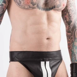 Rob Jockstrap Zippé Bandes Blanches Cuir 9 Rob Jockstrap Zippé Bandes Blanches Cuir -Vestiaire Fetish Soldes 2023 jockstrap zippe bandes blanches cuir 3